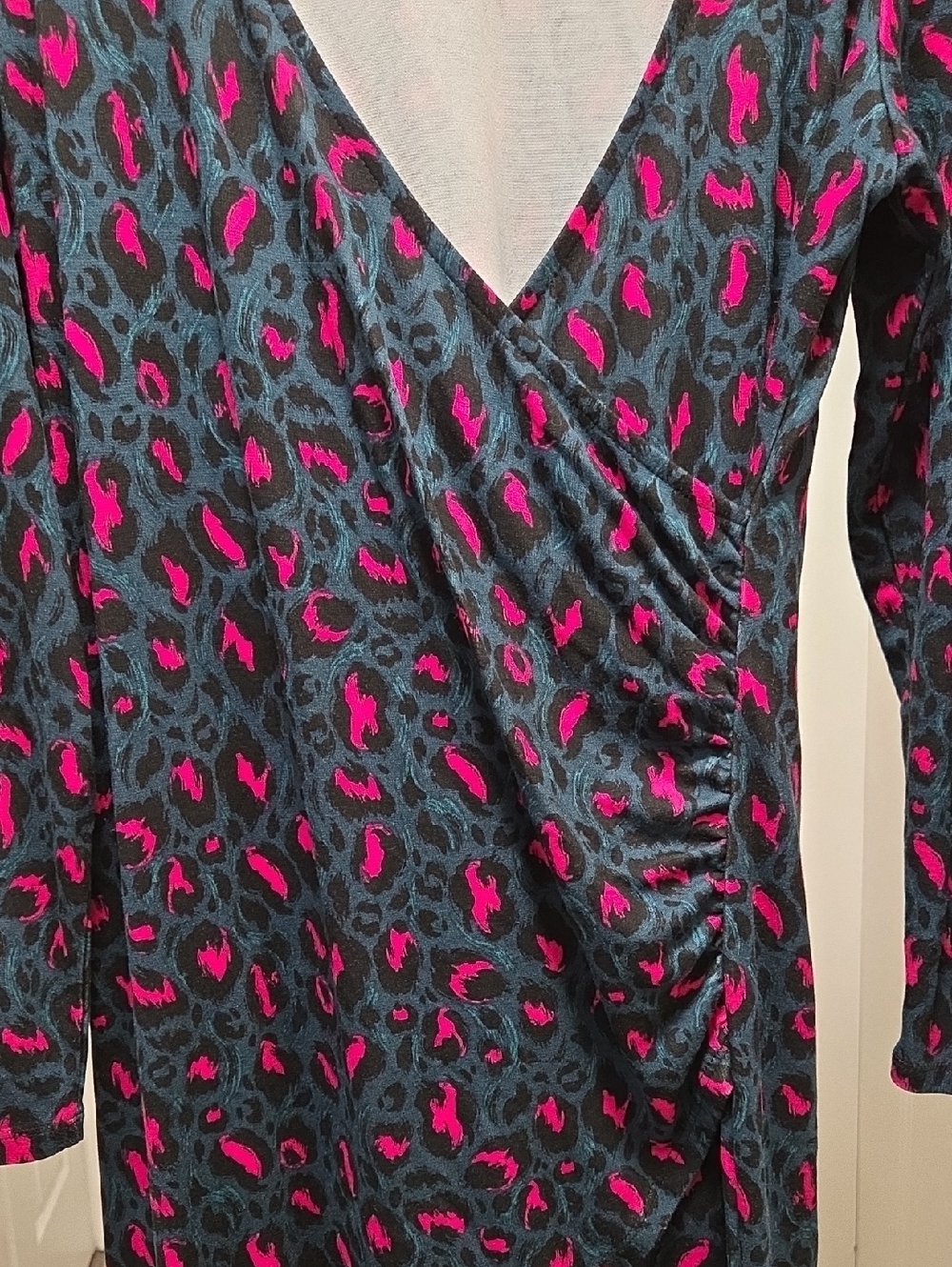 NWT APRICOT Black Pink Leopard Print Wrap Dress Plus Size Long Sleeve Ruched - Picture 6 of 12